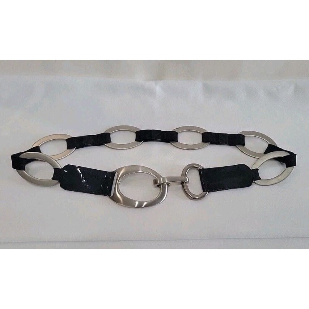 Vintage Sandy Duftler Black Patent Leather & Silver Oval Link Belt Size Sm